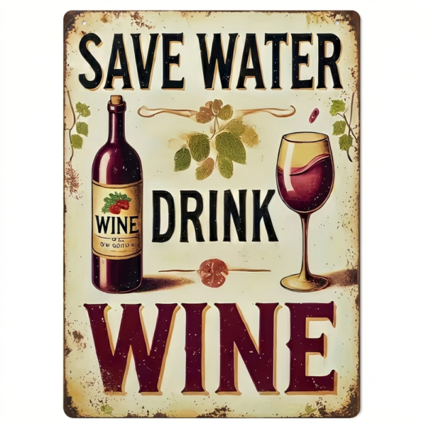 Letrero metálico vintage "Ahorra agua, bebe vino" - 20.32x30.48 cm