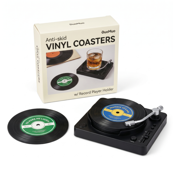 Posavasos discos de vinilo con soporte tocadiscos
